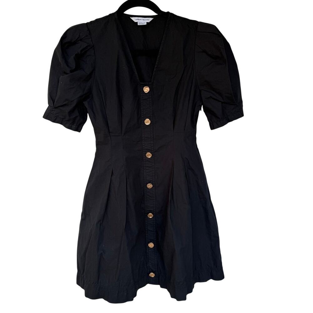 Urban Revivo Black Cotton Puff Sleeve Button Front Mini Dress Women's US 4